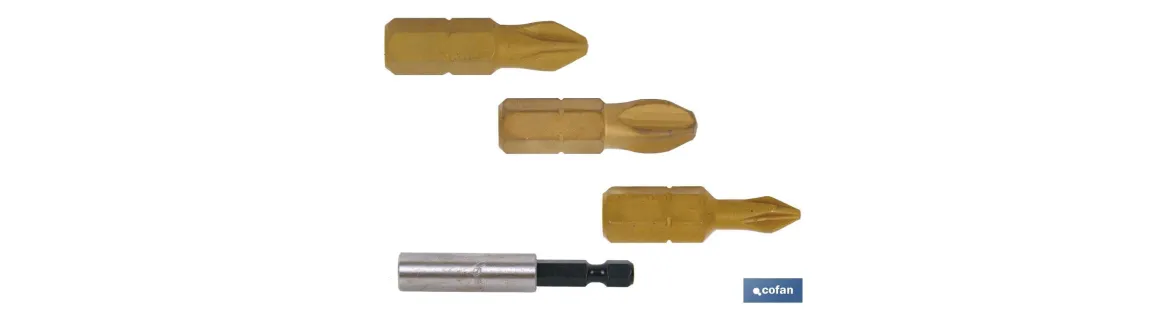 Kit de puntas de Titanio para atornillar y adaptador | Contenido 3 puntas Phillips y un adaptador | Modelo 1/4 PH