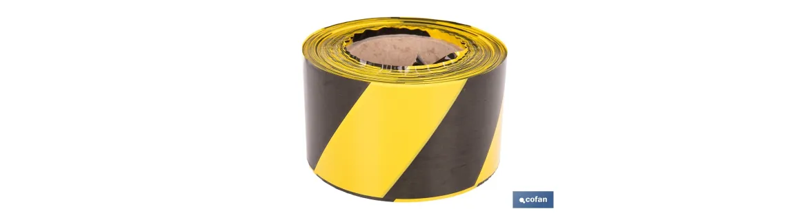 Cinta de balizamiento no adhesiva | Color amarillo/negro | Medidas: 50 y 80 mm | Longitud 100 y 200 metros | Galga 200