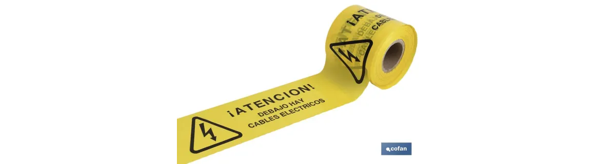Cinta de balizamiento no adhesiva | Color amarillo | Texto ATENCIÓN CABLES ELÉCTRICOS | Medida: 150 mm | Longitud: 250 metros |