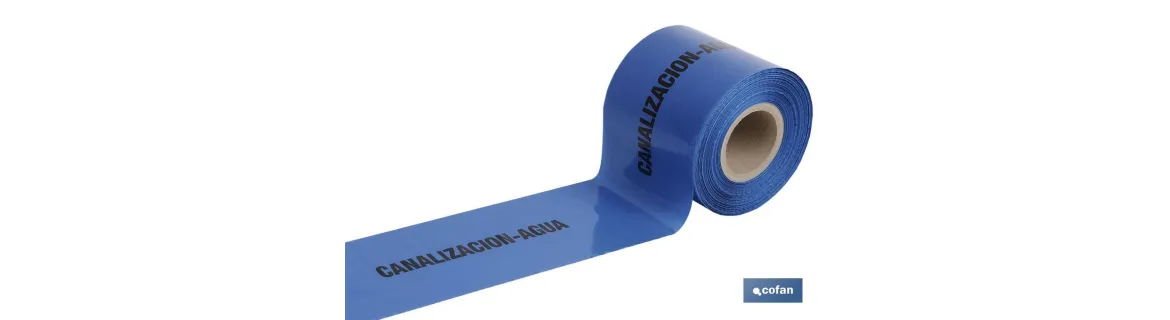 Cinta de balizamiento no adhesiva | Color azul | Texto: CANALIZACIÓN AGUA | Medida: 150 mm | Longitud: 250 metros | Galga 300