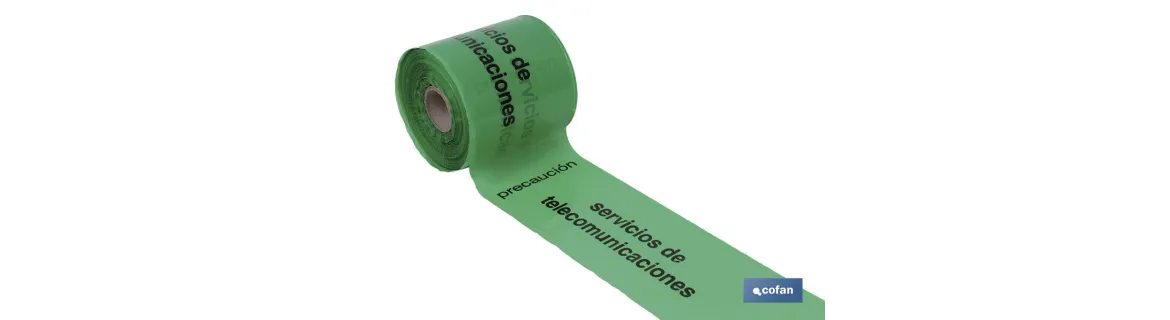 Cinta de balizamiento no adhesiva | Color verde | Texto Precaución Servicio de Telecomunicaciones | Medida: 150 mm | Longitud: 