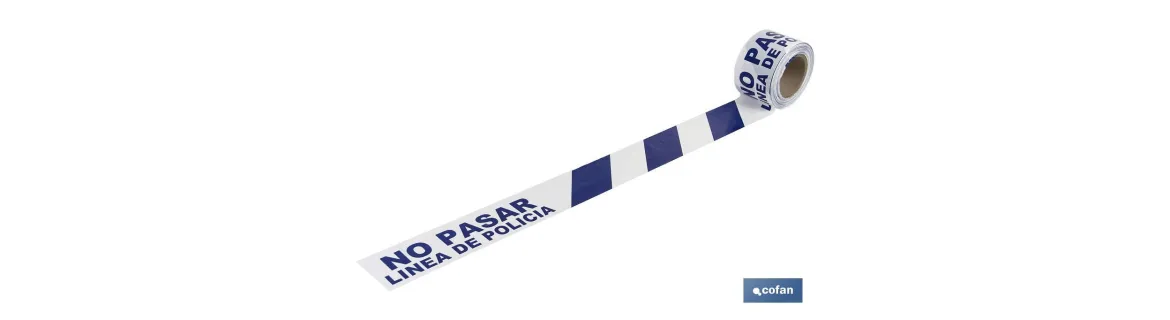 Cinta de balizamiento no adhesiva | Color azul y blanco | Texto: NO PASAR LÍNEA DE POLICíA | Medida: 80 mm | Longitud: 100 metr