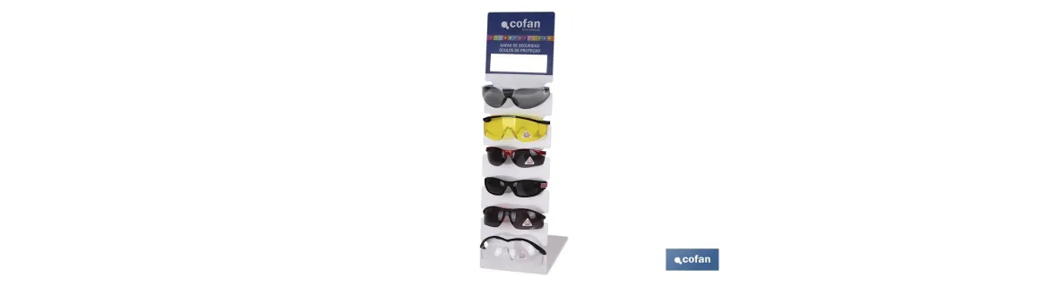 Expositor de gafas anti impacto | Incluye pack de 72 gafas de seguridad | Organizador de Gafas para una presentación adecuada