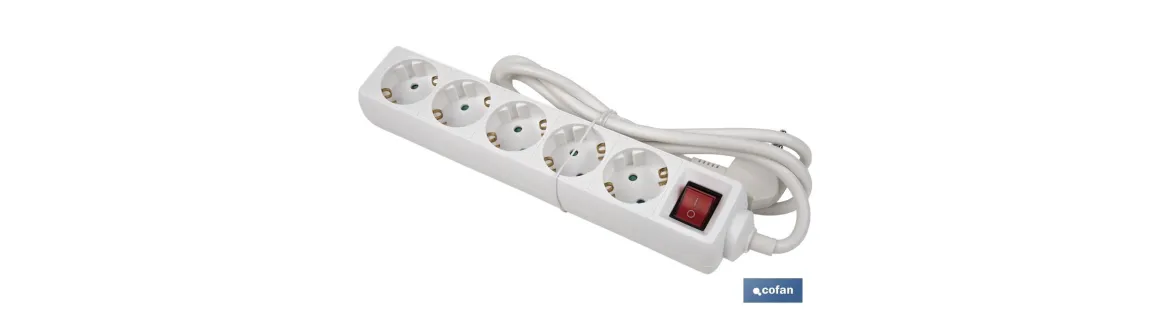 Base múltiple bipolar de 5 tomas para enchufes | Cable de 1,4 m | Interruptor de encendido