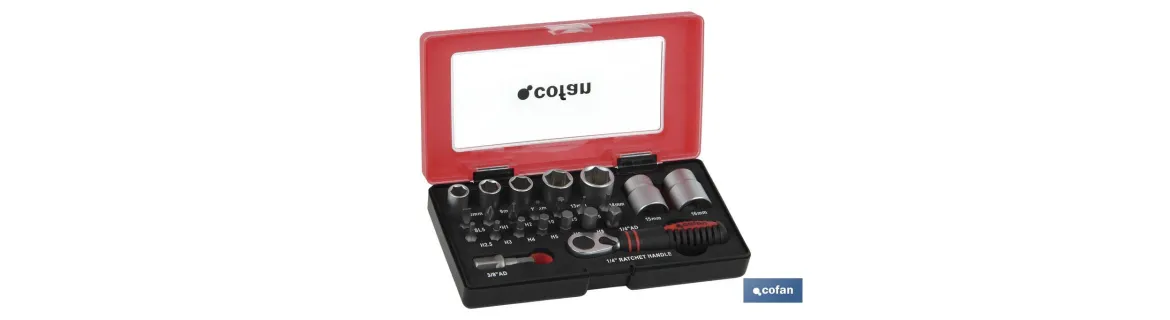 Set mini carraca, vasos y puntas 1/4 23 pcs.