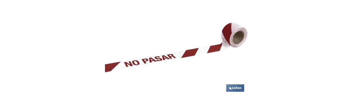 Cinta de balizamiento no adhesiva | Color: rojo y blanco | Texto: NO PASAR | Medida: 80 mm x 100 m | Galga 300