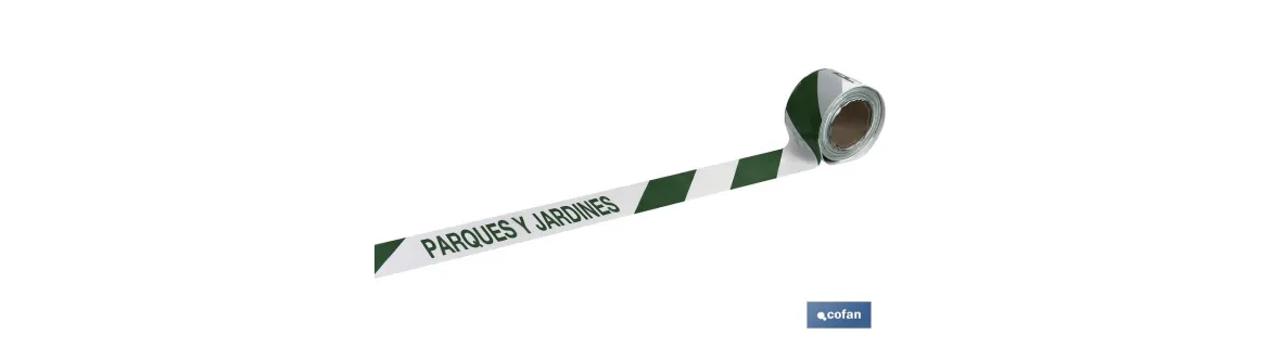 Cinta de balizamiento no adhesiva | Color: verde y  blanco | Texto: PARQUES Y JARDINES | Medida: 80 mm x 100 m | Galga 300