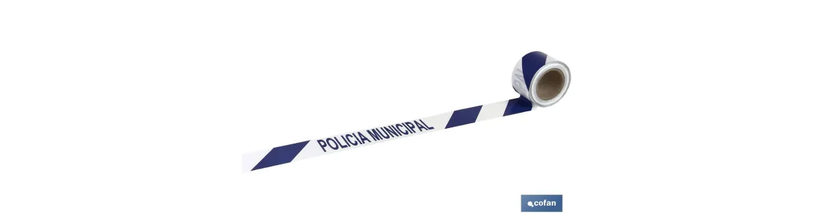 Cinta de balizamiento no adhesiva | Color: azul y blanco | Texto: POLICÍA MUNICIPAL | Medida: 80 mm x 100 m | Galga 300