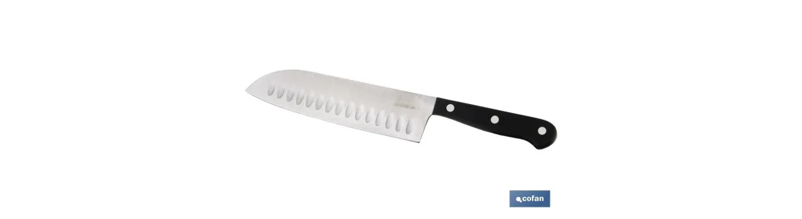 Cuchillo Santoku | Modelo Saffron | Medida de 17,5 cm | Hoja de Acero Inox | Mango de Polioximetileno | Color Negro