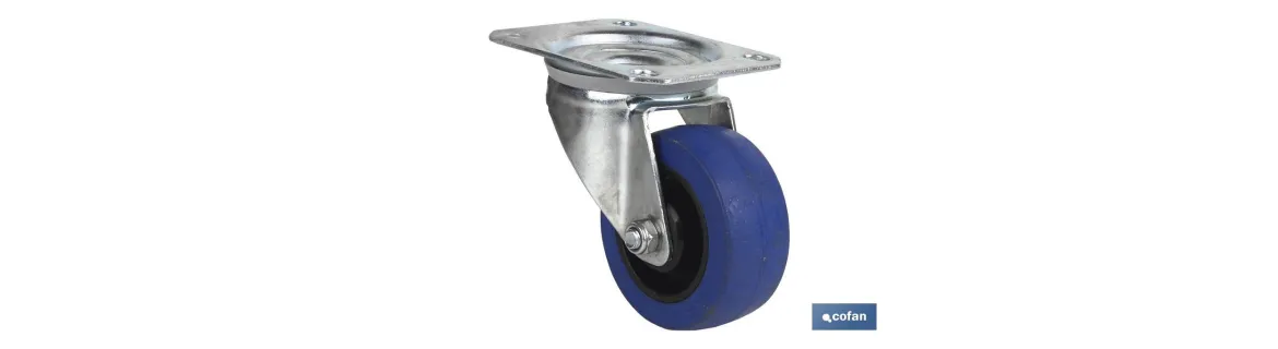Rueda de goma azul y placa giratoria | Con cojinete de rodillo | Para pesos de hasta 150 kg y diámetros de 80, 100 y 125 mm