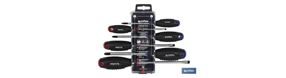 Juego de 3 destornilladores planos y 3 destornilladores Phillips | Modelo Comfort plus | En estuche especial con colgador