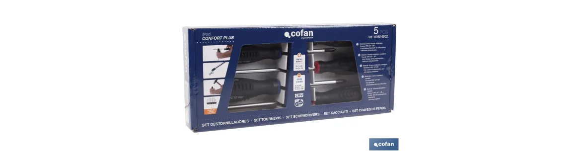 Juego de 3 destornilladores planos y 2 destornilladores Phillips | Modelo Comfort plus | En estuche especial de cartón